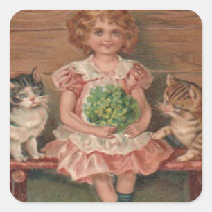 Meisje Kat Kittens Bloemen Verjaardag Vierkante Sticker