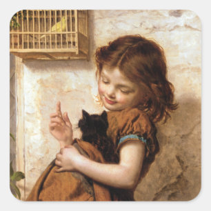 Meisje, keukenkat en vogel - schilderen vierkante sticker