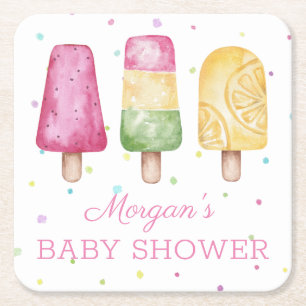 Meisje klaar om zomer baby shower te laten barsten vierkante kartonnen onderzetter