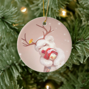 Meisje knuffelen hond in rendieren gewei keramisch ornament