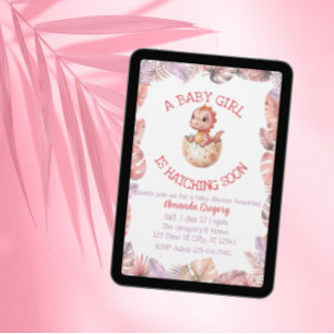 Meisje komt eraan, Roze Dino Baby Shower Kaart