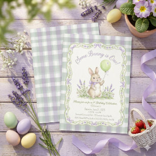 Meisje Konijn 1e Verjaardag, met Lavendel Gingham Kaart