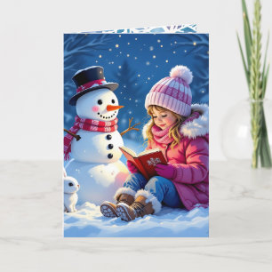 Meisje leest een verhaal voor aan een sneeuwpop feestdagen kaart