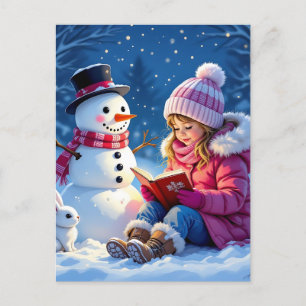 Meisje leest een verhaal voor aan een sneeuwpop feestdagenkaart