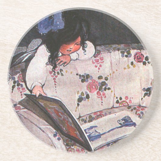 Meisje leest over sofa zandsteen onderzetter (Voorkant)