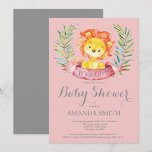 Meisje Leeuw Baby Shower Uitnodiging Roze en Grijs