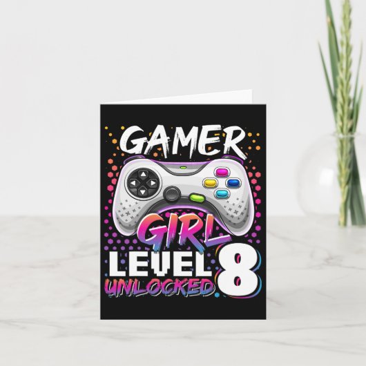 Meisje Level 8 Ontgrendeld Videogame 8e Verjaardag Kaart (Voorkant)
