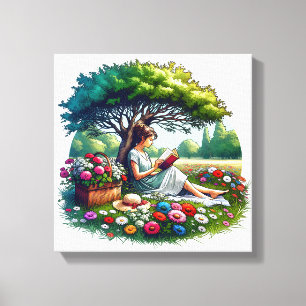 Meisje lezen onder een boom omringd door bloemen canvas afdruk