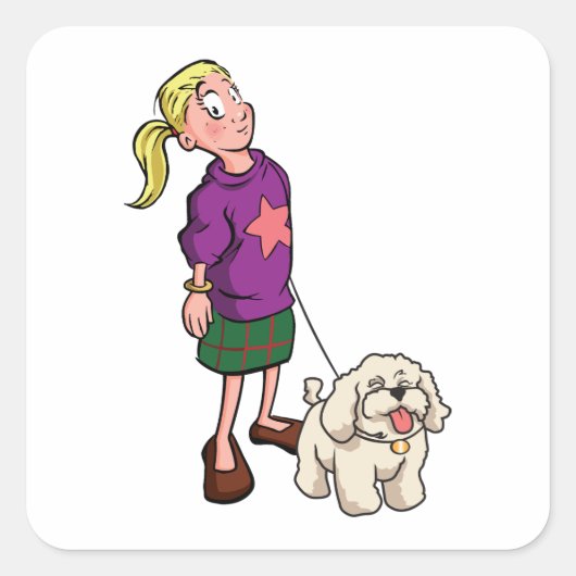 Meisje loopt een hond vierkante sticker (Voorkant)