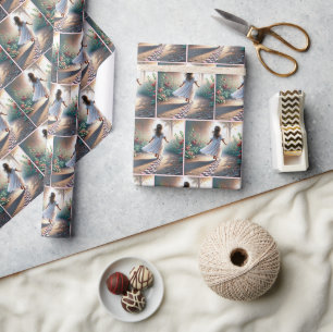 Meisje loopt over een roze hartvormig pad cadeaupapier