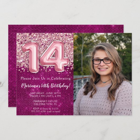 Meisje Magenta Roze Glitters 14e Verjaardag Kaart (Voorkant / Achterkant)