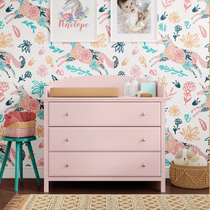 Meisje Magisch Roze Bloemen Eenhoorn Paard Patroon Behang