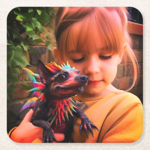 Meisje met creatie vierkante kartonnen onderzetter