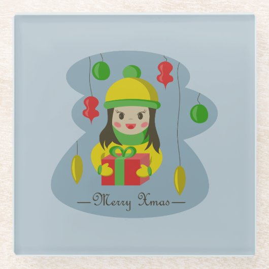 Meisje met de doos van de Kerstmisgift Glazen Onderzetter (Voorkant)