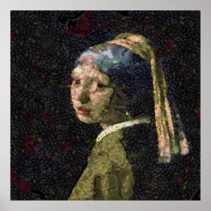 Meisje met een aardbei die een fijne kunstspuit ve poster