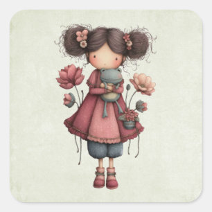 Meisje met een kikkerpop Schattig en grillig Vierkante Sticker