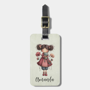 Meisje met een kikkerpop Schattig grillig Bagagelabel