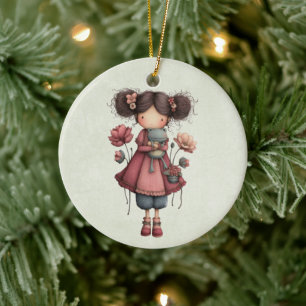 Meisje met een kikkerpop Schattig Whimsical Keramisch Ornament