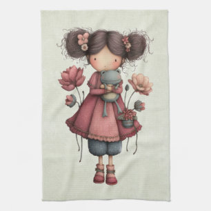 Meisje met een kikkerpop Schattig Whimsical Theedoek