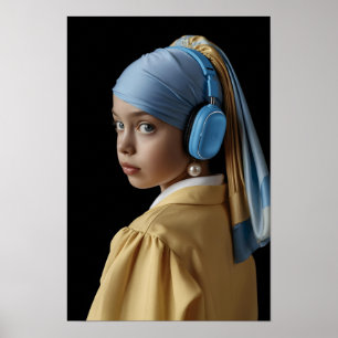 Meisje met een parel oorbel en blauwe hoofdtelefoo poster