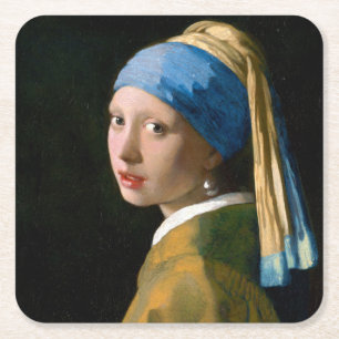 Meisje met een parelaar, Johannes Vermeer, 1665 Vierkante Kartonnen Onderzetter