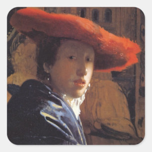 Meisje met een rood Pet, c.1665 (olie op het panee Vierkante Sticker