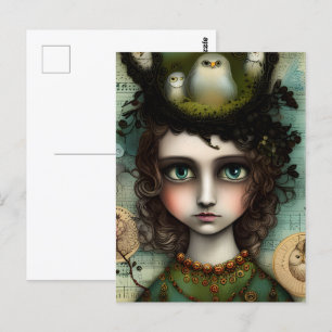 Meisje met een vogelnest op haar hoofd briefkaart