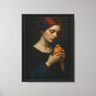 Meisje met gele vogel romantisch portret canvas afdruk