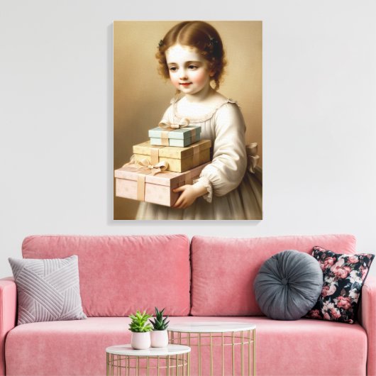Meisje met geschenkdoos canvas afdruk (Insitu (Woonkamer))