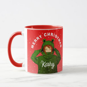 Meisje met groene kikker hoodie tekening kerst mok