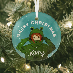 Meisje met groene kikkerkerst glas ornament