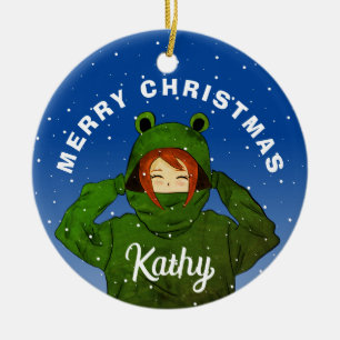 Meisje met groene kikkerst keramisch ornament