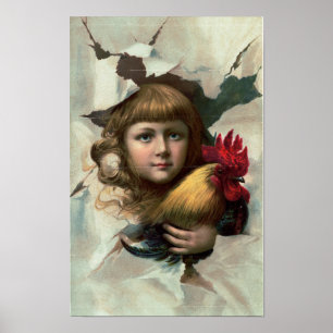 Meisje met Haan "Vroege Vogels" Antiek Print