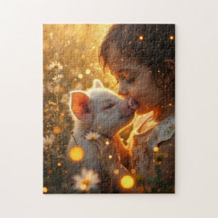 Meisje met haar huisvarken legpuzzel