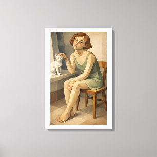 MEISJE MET HAAR KAT CANVAS AFDRUK