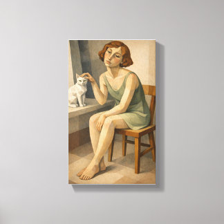 MEISJE MET HAAR KAT CANVAS AFDRUK