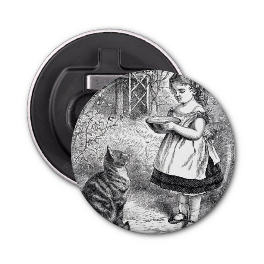 meisje met kat en melksausje button flesopener (Voorkant)