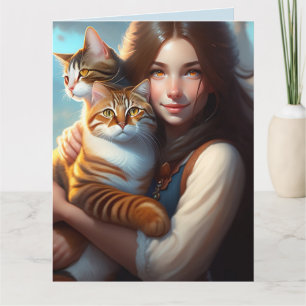 MEISJE MET KAT KATTEN KUNST VERJAARDAGSKAARTEN KAART