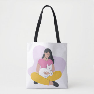 Meisje met Kat – Mooie Minimalistische Kat Liefheb Draagtas