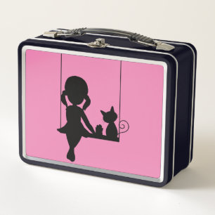 MEISJE MET KAT OP DE METALE LUNCHBOXEN VAN DE SCHA