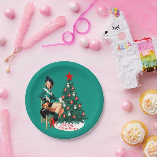 meisje met kerstboom Merry Christma Papieren Bordje (Feest)