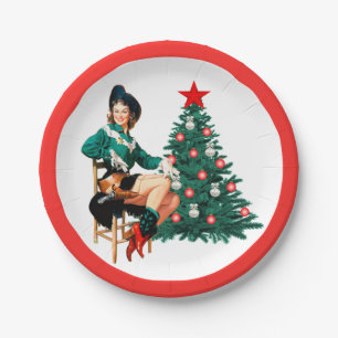 meisje met kerstboom Rood Papieren Bordje