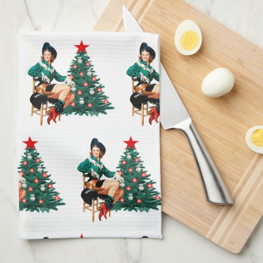  meisje met kerstboom theedoek (Quarter Fold)