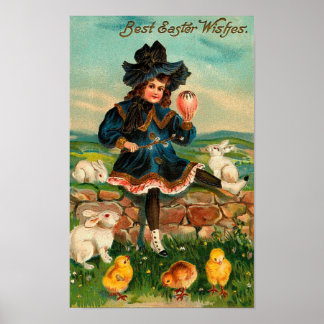 Meisje met kippen en konijnen Pasen Poster