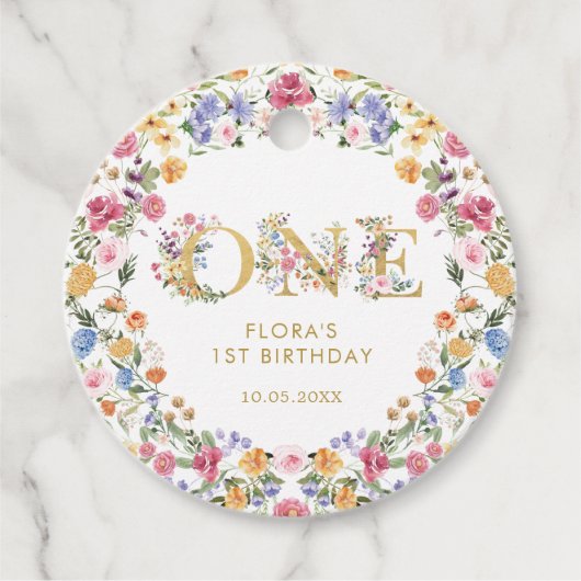 meisje met kleine wilde bloem 1e verjaardag bedankjes labels (Voorkant)