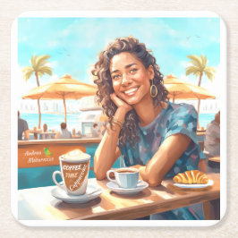 Meisje met koffiepauze vierkante kartonnen onderzetter