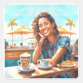 Meisje met koffiepauze vierkante sticker