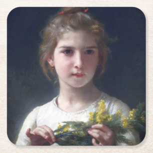 Meisje met Mimosa, Bouguereau Vierkante Kartonnen Onderzetter