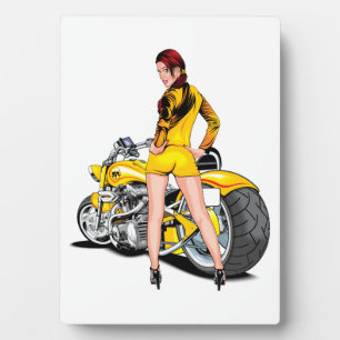 Meisje met motorfiets fotoplaat