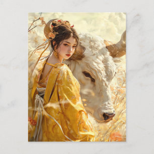 Meisje met Os Chinese Zodiac Art Briefkaart